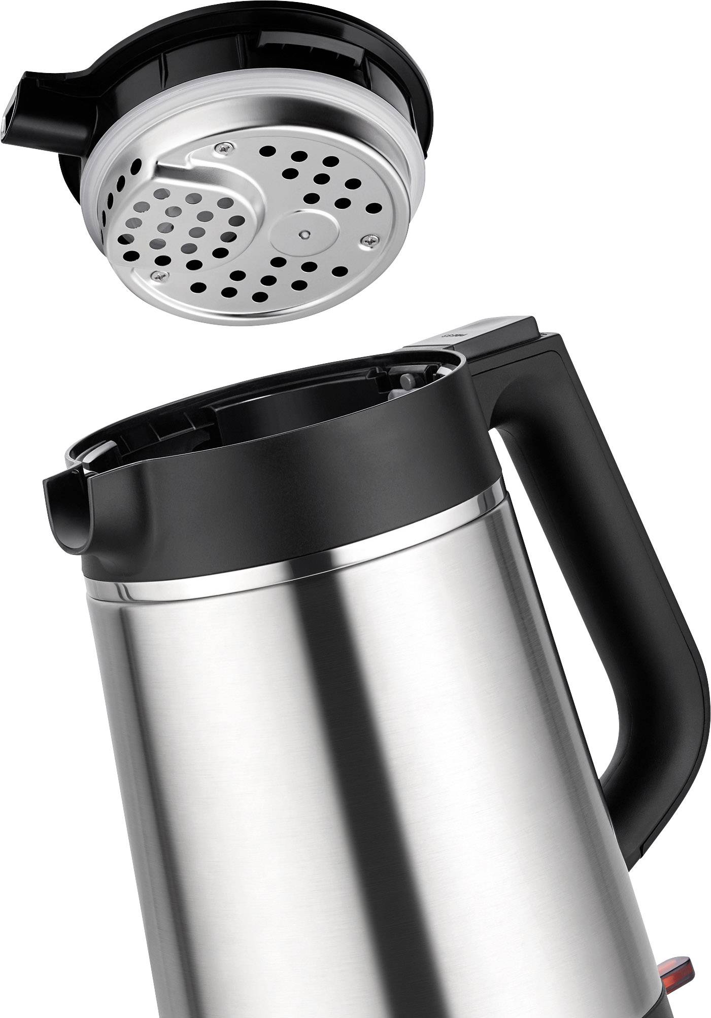 Eine silberne Thermoskanne mit schwarzem Griff und abgenommenem Deckel, der ein silbernes Innenfilter zeigt.