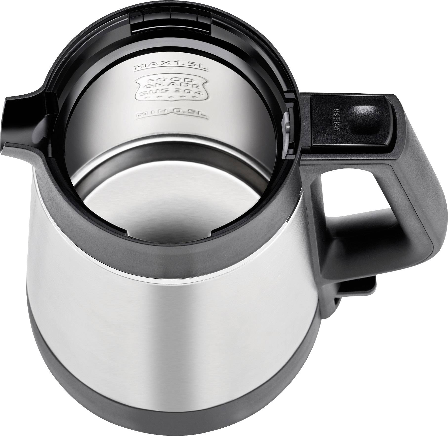 Edelstahl-Wasserkocher von oben, schwarze Griffe, Anzeige für maximale Füllmenge, ohne Deckel.