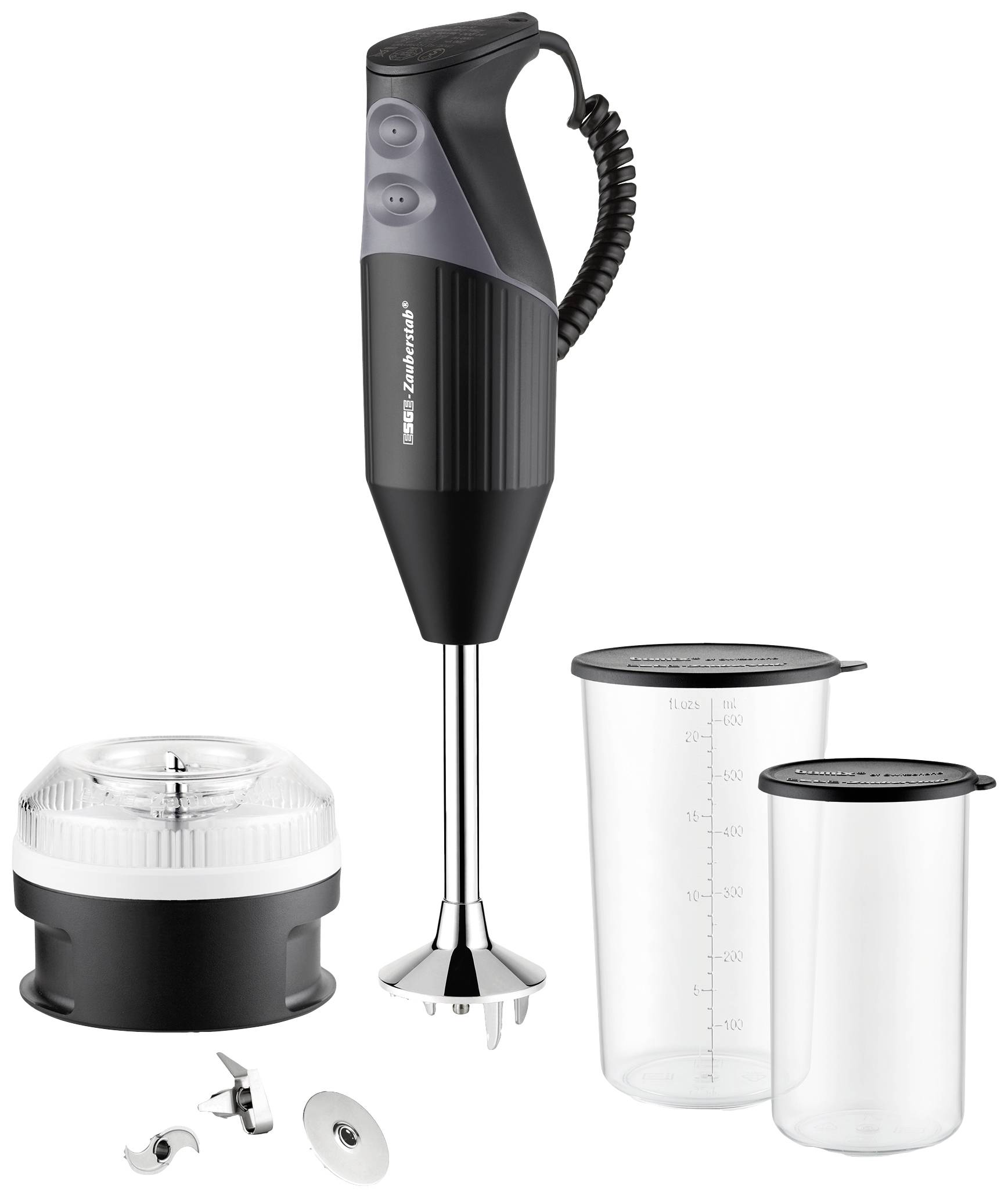 Stabmixer-Set bestehend aus einem schwarzen Stabmixer, einem Zerkleinerer-Aufsatz, sowie zwei Messbechern mit Deckel. Ideal zum Mixen.