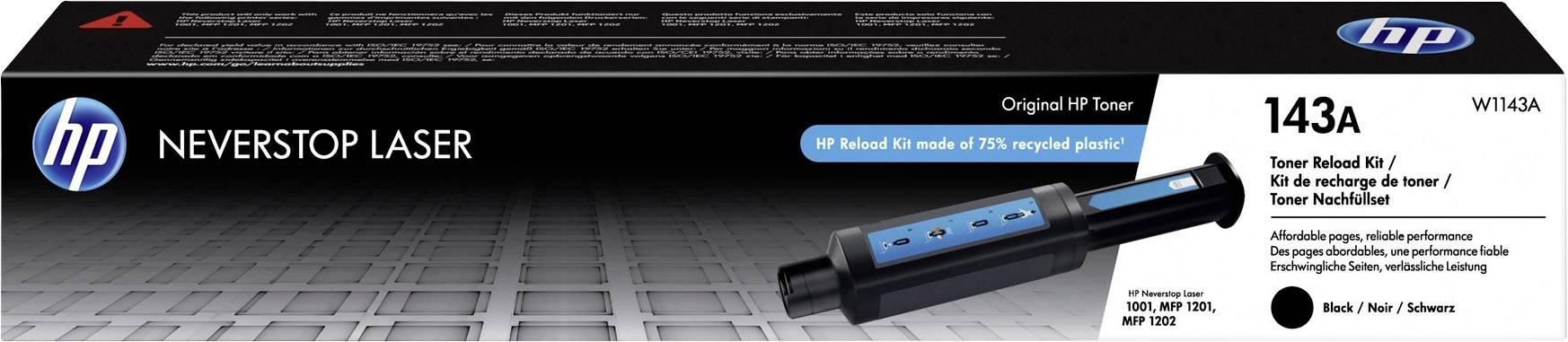 Schwarze Verpackung mit HP-Logo, Aufschrift 'Neverstop Laser', zeigt einen Tonerbehälter 143A für Drucker; enthält recycelten Kunststoff.