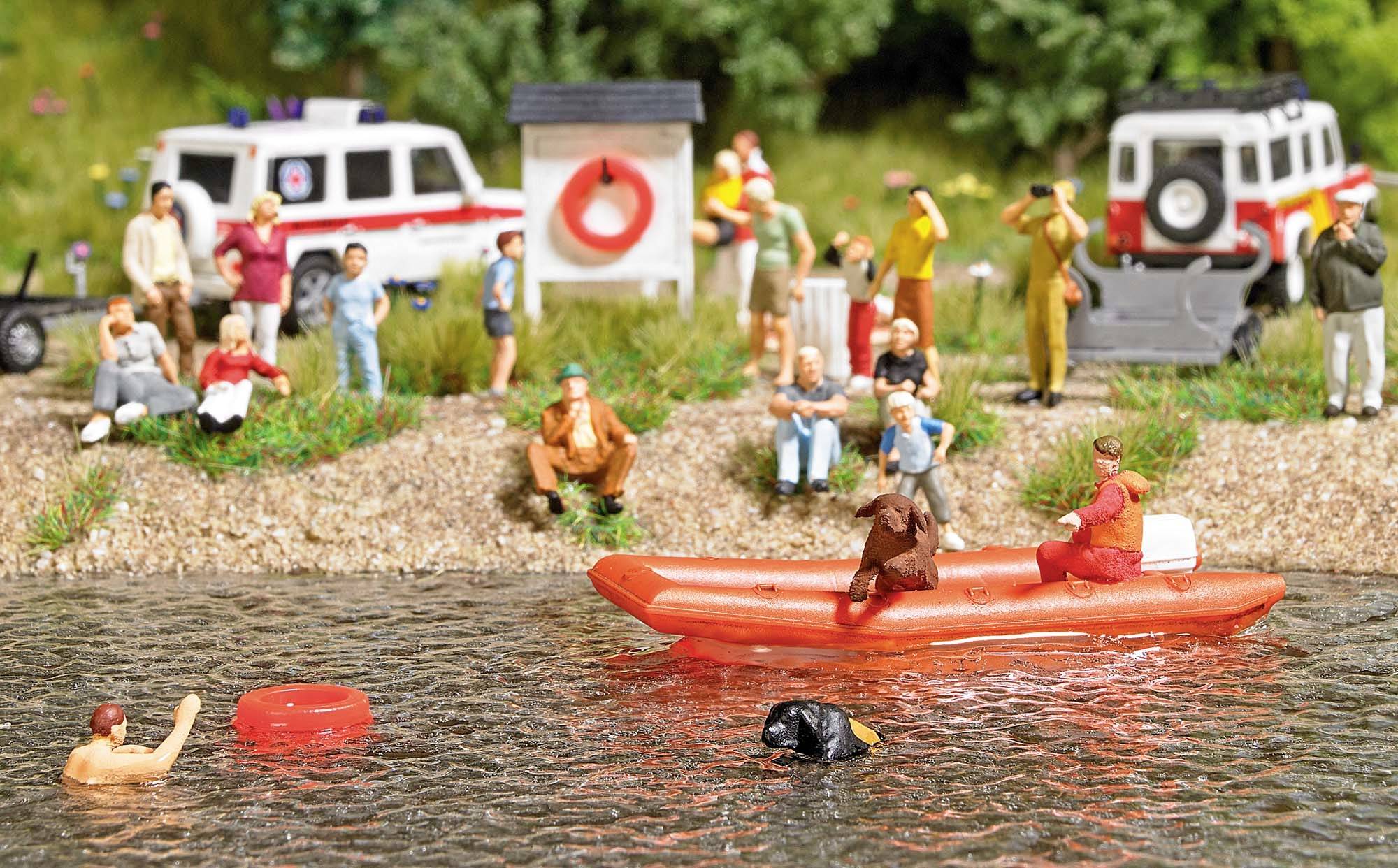 Busch 7897 H0 Schlauchboot mit Anhänger und Figuren
