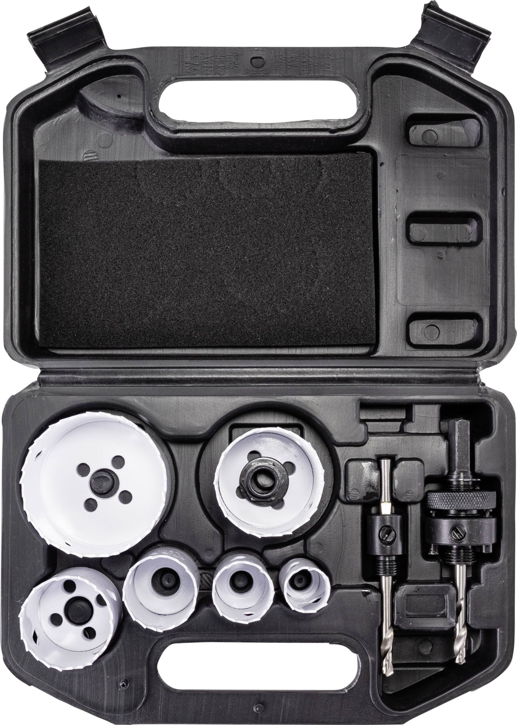 Ein Bohrkronen-Set in einem schwarzen Etui. Enthält verschiedene Größen von Bohrkronen für den Einsatz mit Elektrowerkzeugen.