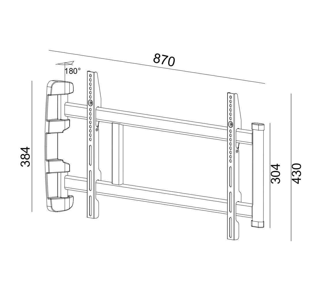 Technische Zeichnung einer Wandhalterung mit Abmessungen: 870 mm Breite, 384 mm Höhe, und einem Neigungswinkel von 180 Grad.