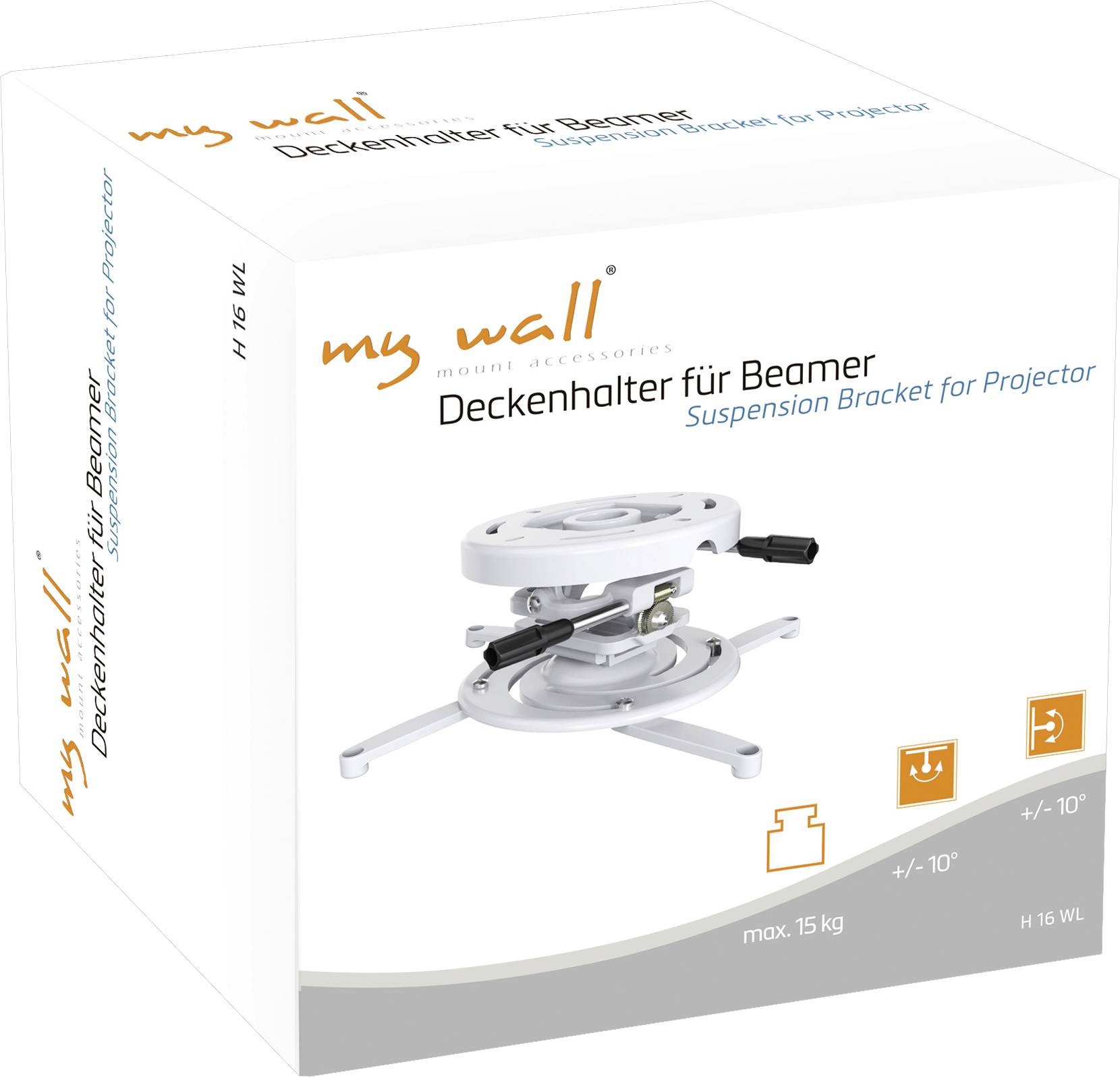 'My Wall' Deckenhalterung für Beamer, maximal 15 kg. Enthält Halterung, Schrauben, Anleitung. Geeignet für Projektion an Decke.