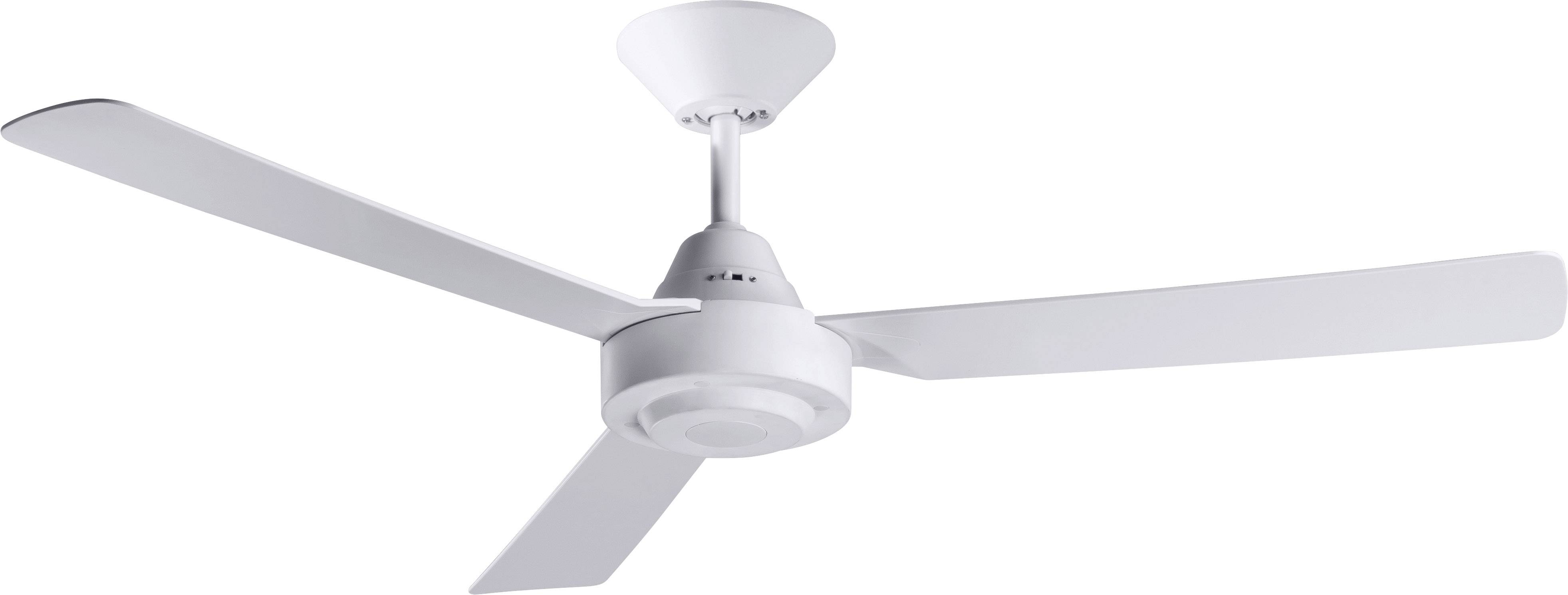 Ein weißer Deckenventilator mit drei flachen Flügeln, montiert an einer Halterung.