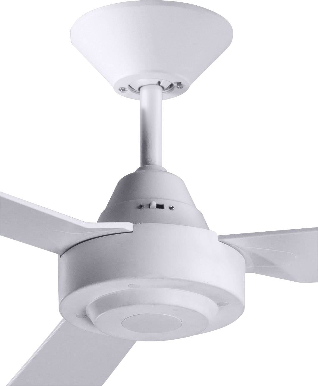 Ein weißer Deckenventilator mit drei Flügeln, montiert an einer weißen Decke.