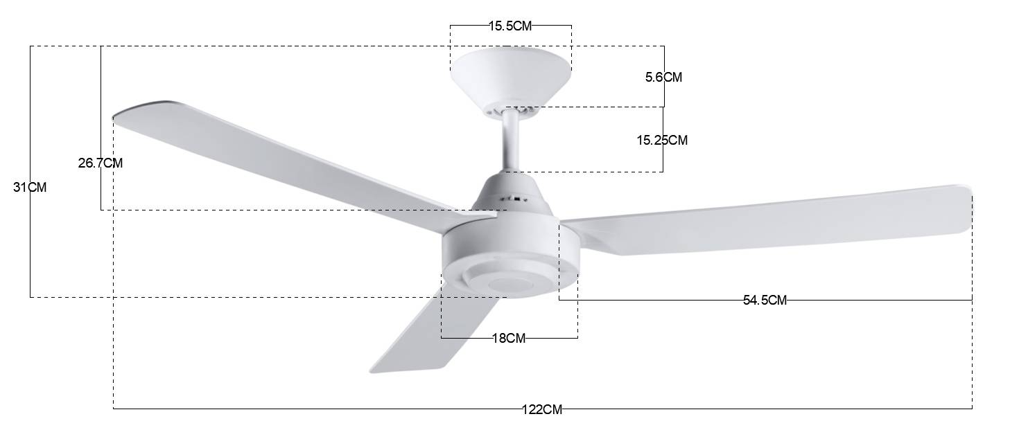 Elektrischer Deckenventilator mit drei weißen Flügeln. Maße: Gesamtdurchmesser 122 cm, Flügellänge 54,5 cm, Höhe 31 cm.