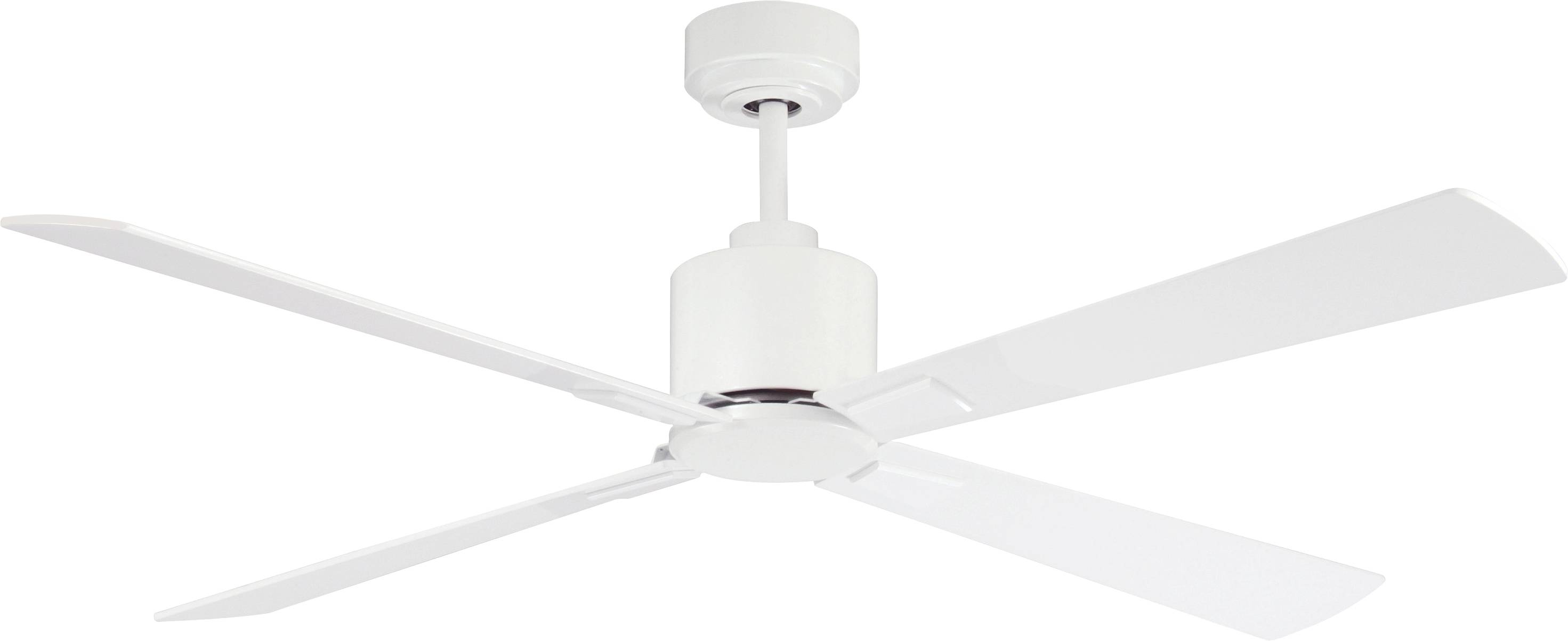 Ein weißer Deckenventilator mit vier langen, geraden Flügeln, montiert an einer kurzen Stange; moderner Stil.