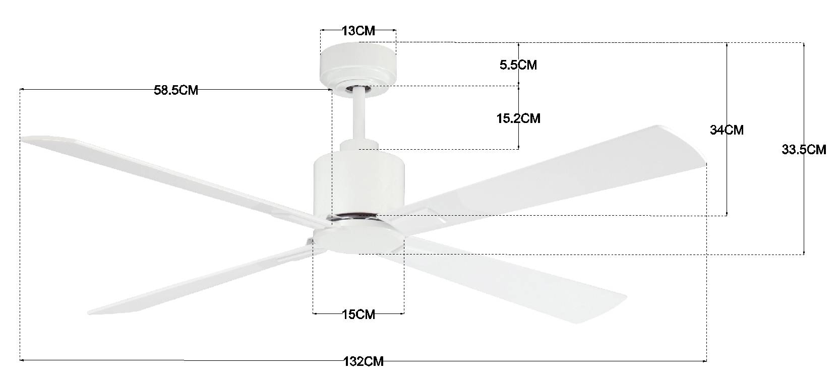 Ein weißer Deckenventilator mit vier Flügeln. Maße: Gesamtdurchmesser 132 cm, Gehäusehöhe 33,5 cm, Flügellänge 58,5 cm.