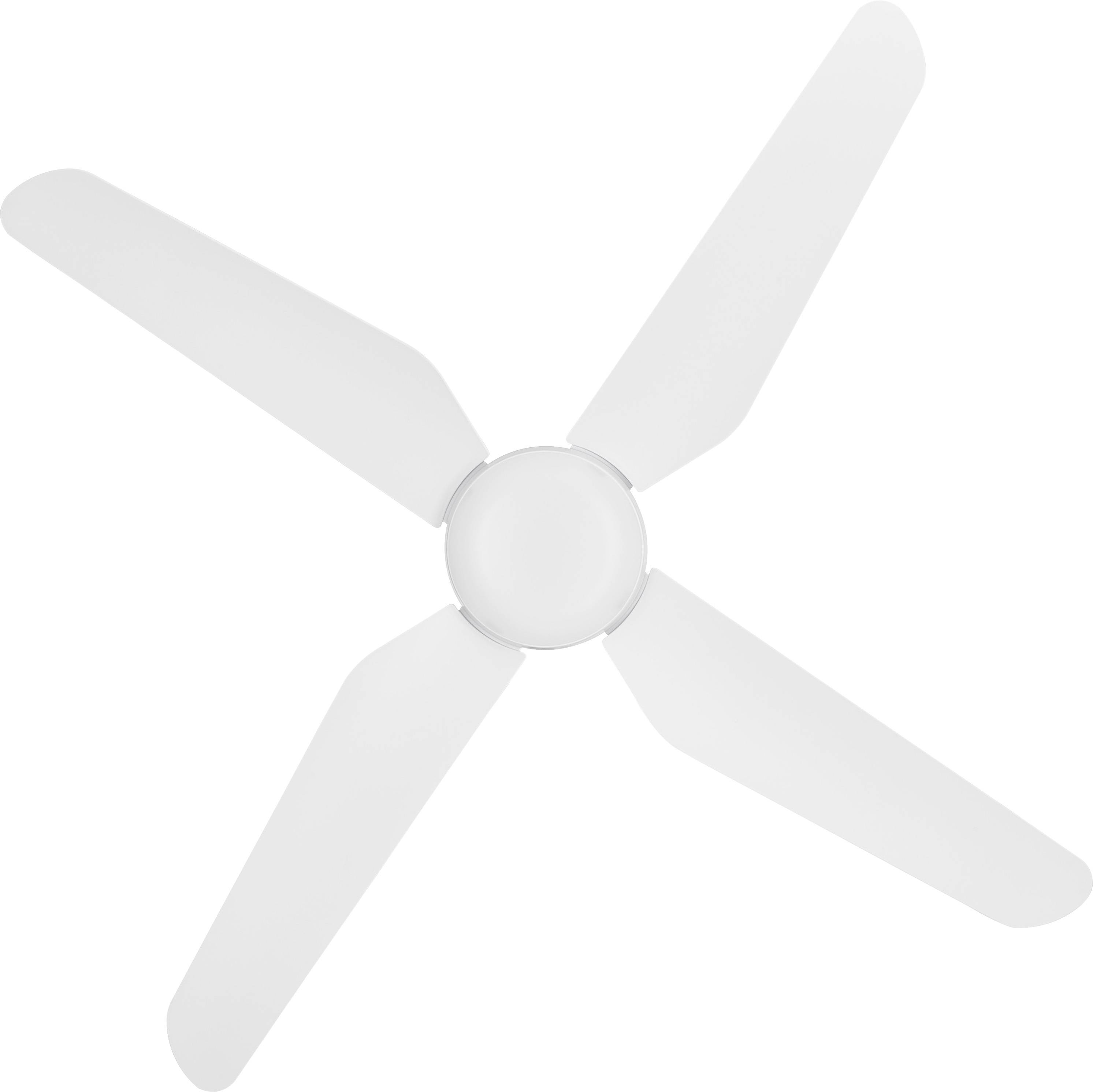 Ein weißer, moderner Deckenventilator mit vier schlanken Flügeln, die symmetrisch angeordnet sind, auf weißem Hintergrund.