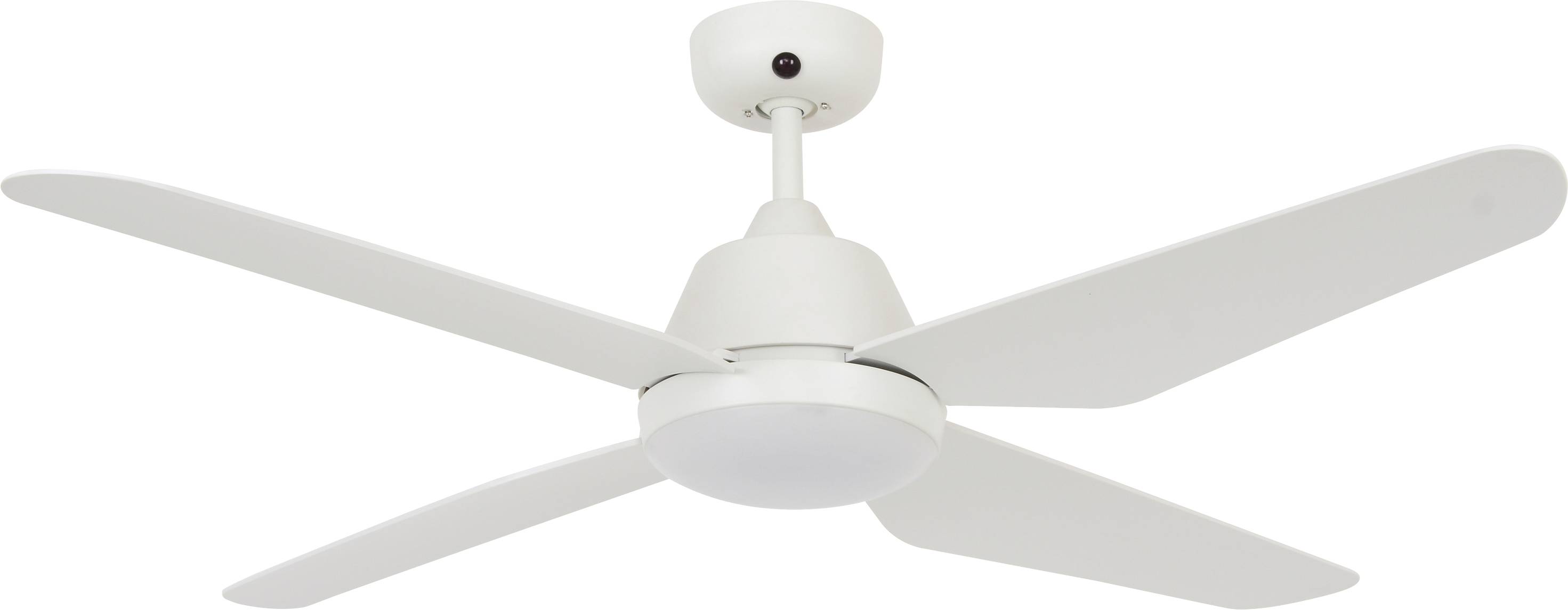 Ein weißer Deckenventilator mit vier flachen Flügeln vor einem neutralen Hintergrund.