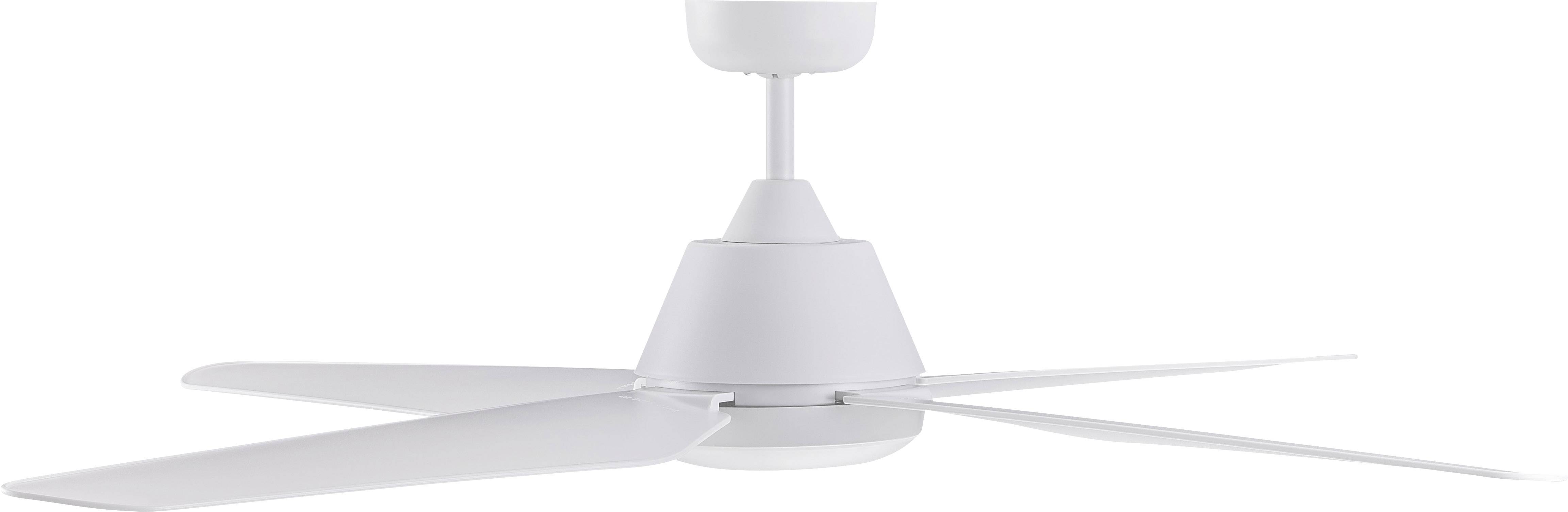 Deckenventilator mit vier weißen Flügeln, einfache und moderne Gestaltung, geeignet für Wohn- oder Bürobereich.