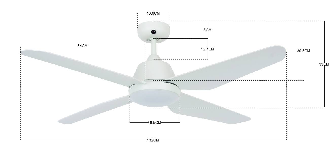 Weißer Deckenventilator mit vier Flügeln. Gesamtbreite: 132 cm. Flügellänge: 30 cm. Verschiedene andere Maße sind eingezeichnet.