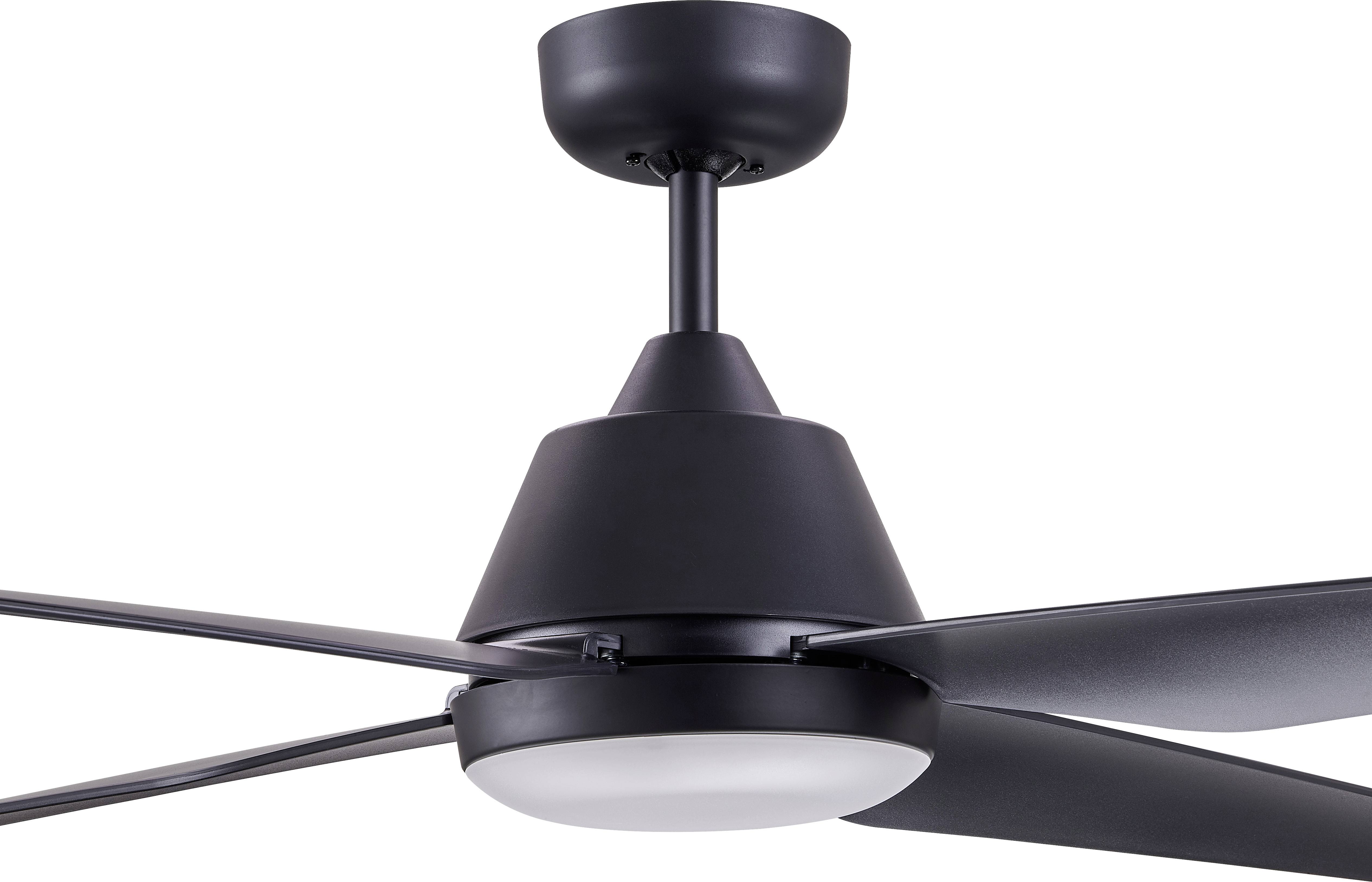 Ein moderner, schwarzer Deckenventilator mit drei Flügeln und einer zentralen LED-Leuchte in der Mitte.