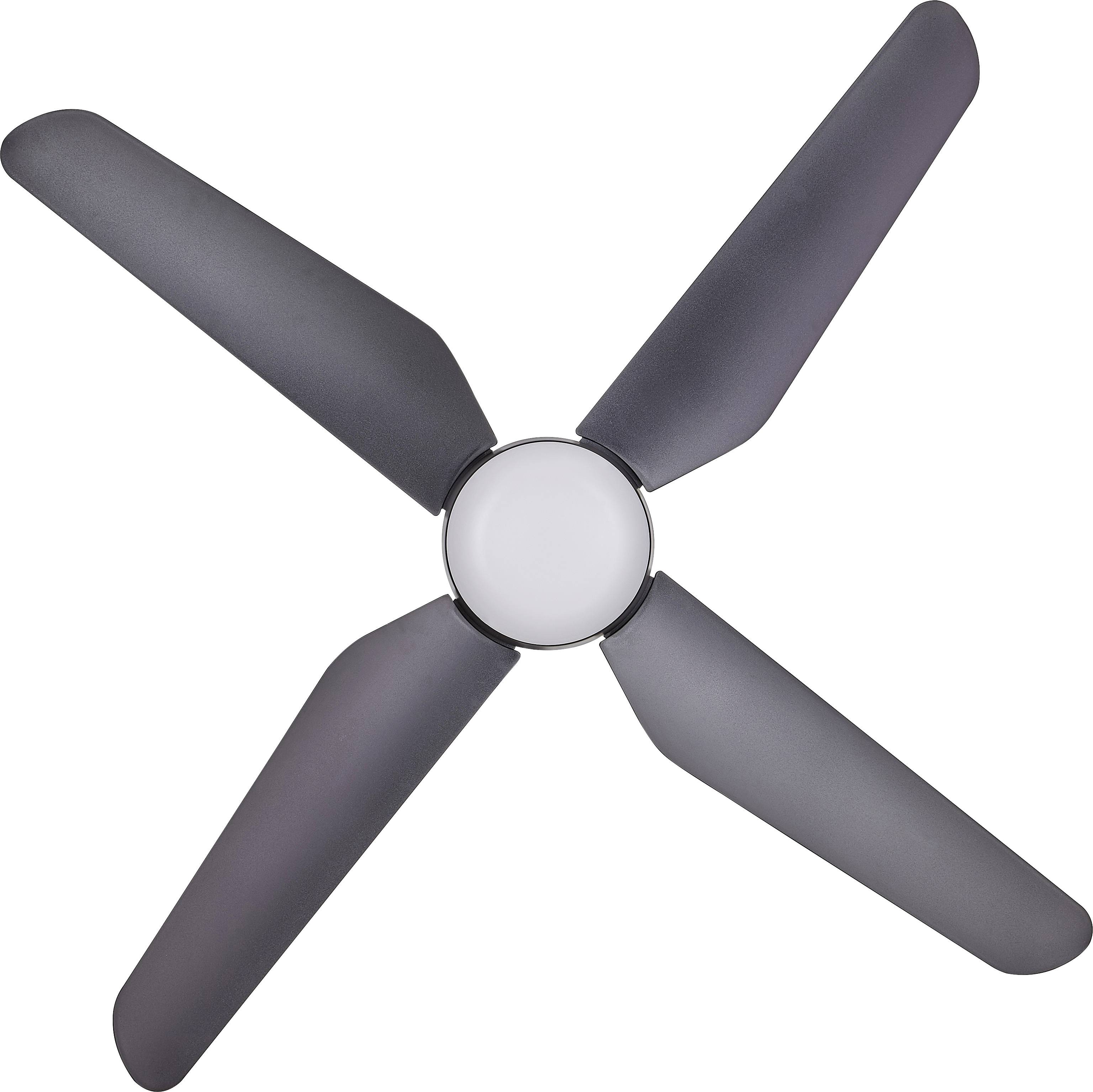 Ein dreiflügeliger Deckenventilator in schwarzer Farbe, Ansicht von unten.