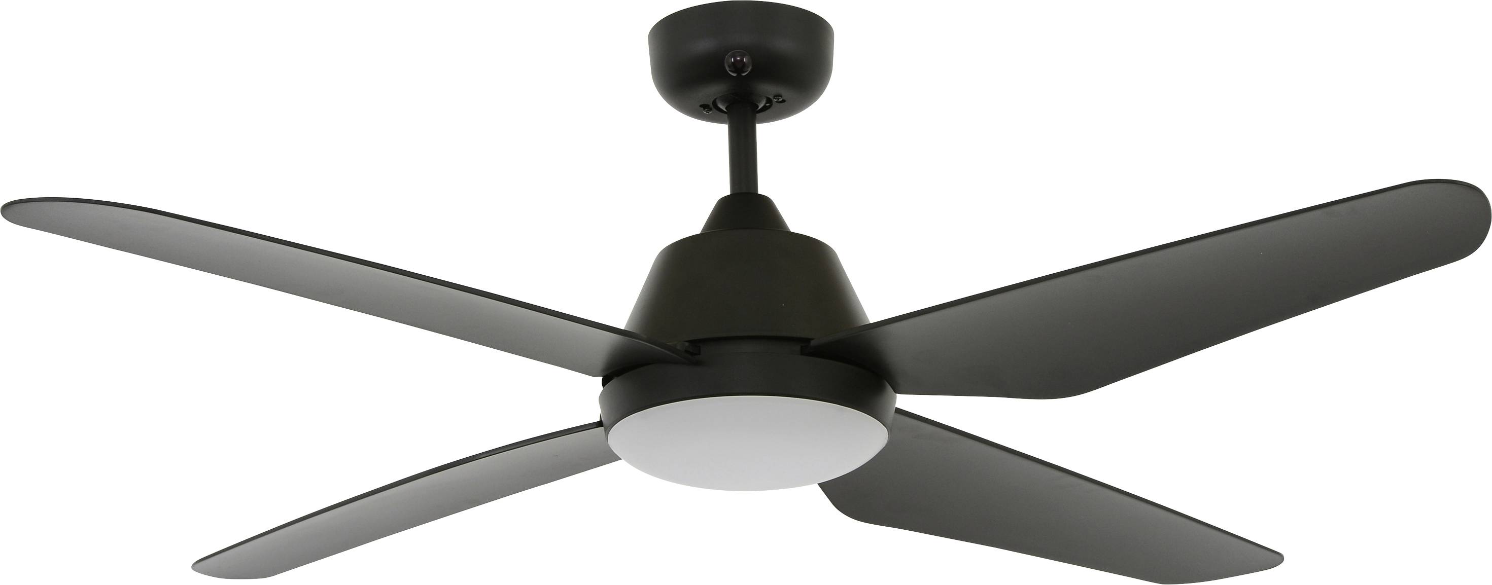Deckenventilator mit vier dunklen Flügeln und zentralem Licht, montiert an einer kurzen Stange. Geeignet zur Raumkühlung und Beleuchtung.