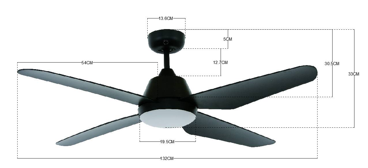 Ein Deckenventilator mit vier Flügeln und integrierter Lampe, schwarze Farbe, abgebildet mit detaillierten Maßangaben.