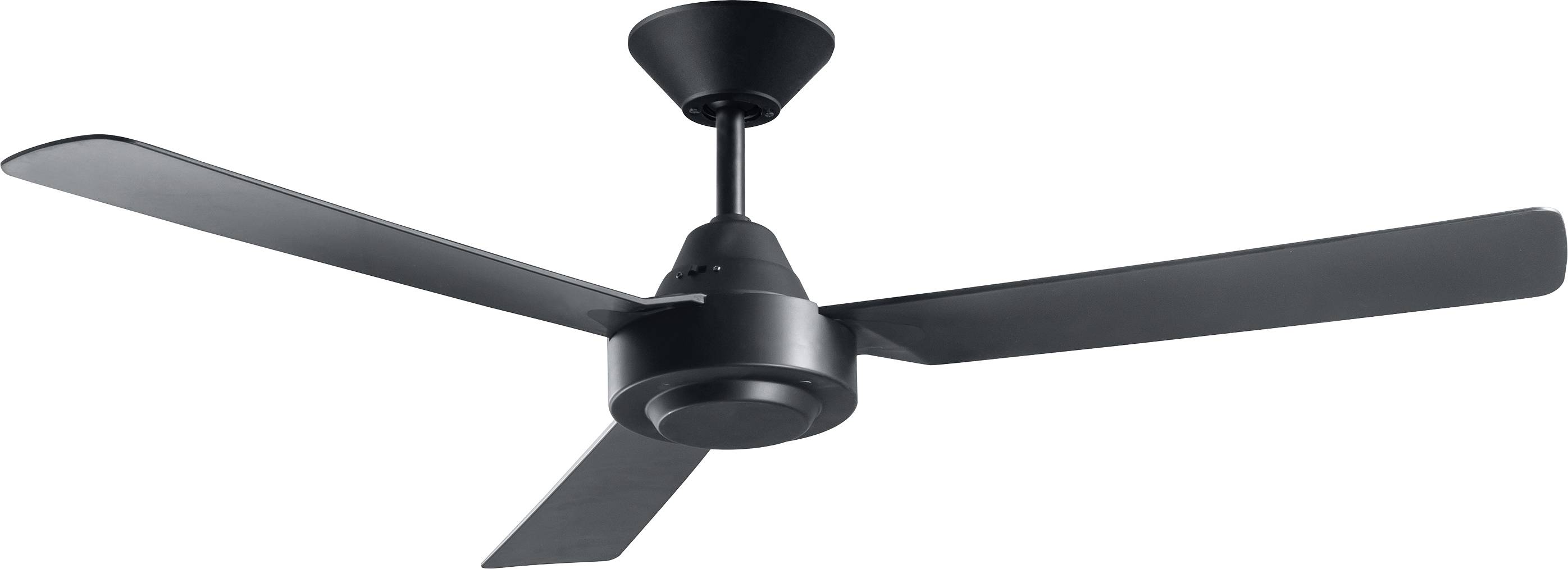 Schwarzer Deckenventilator mit drei Flügeln, montiert an der Decke. Geeignet zur Luftzirkulation in Innenräumen.