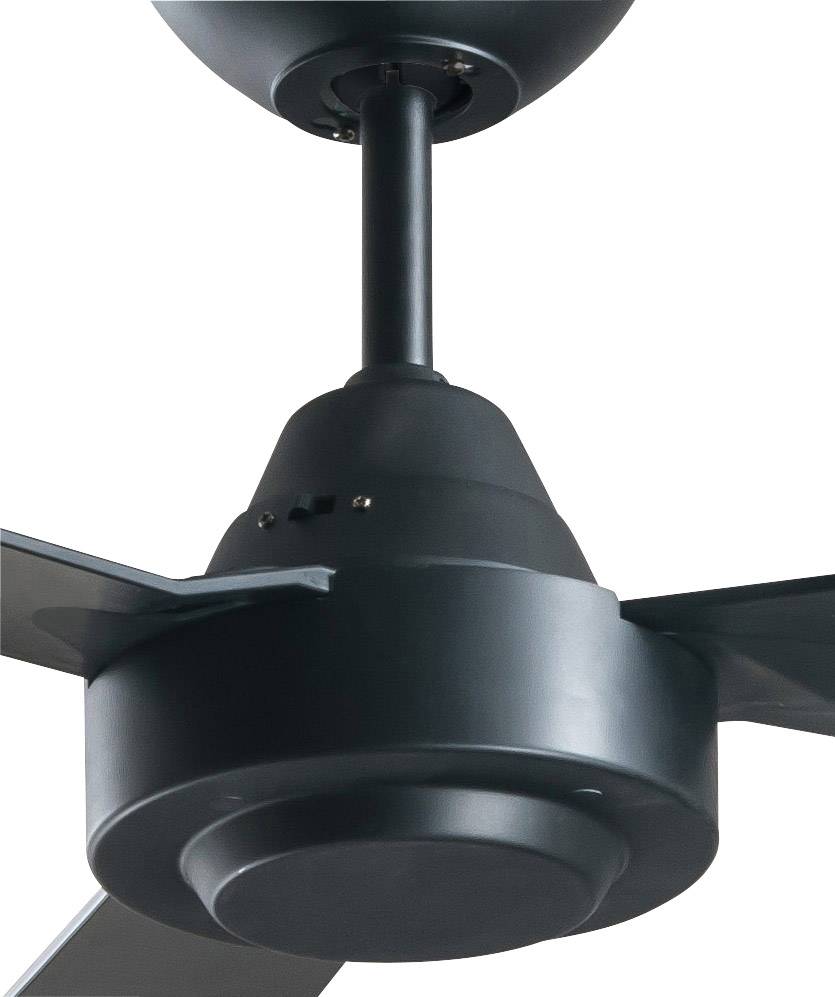 Schwarzer Deckenventilator mit drei Klingen, montiert an einer Decke. Moderne und schlichte Ästhetik.