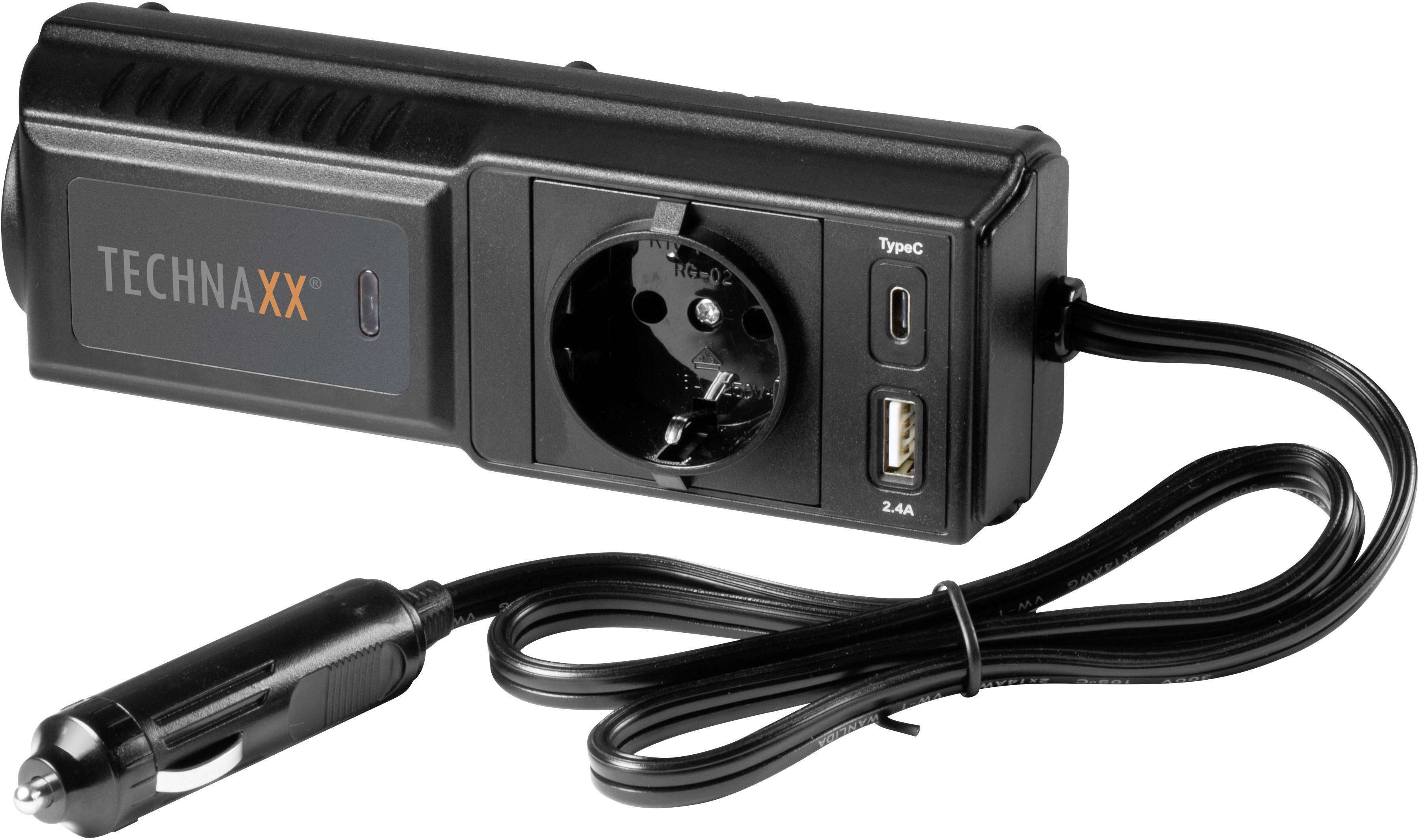 'TECHNAXX' Steckdose mit USB-Anschlüssen und Zigarettenanzünder, geeignet für Autonutzung, bietet zusätzliche Ladeoptionen unterwegs.