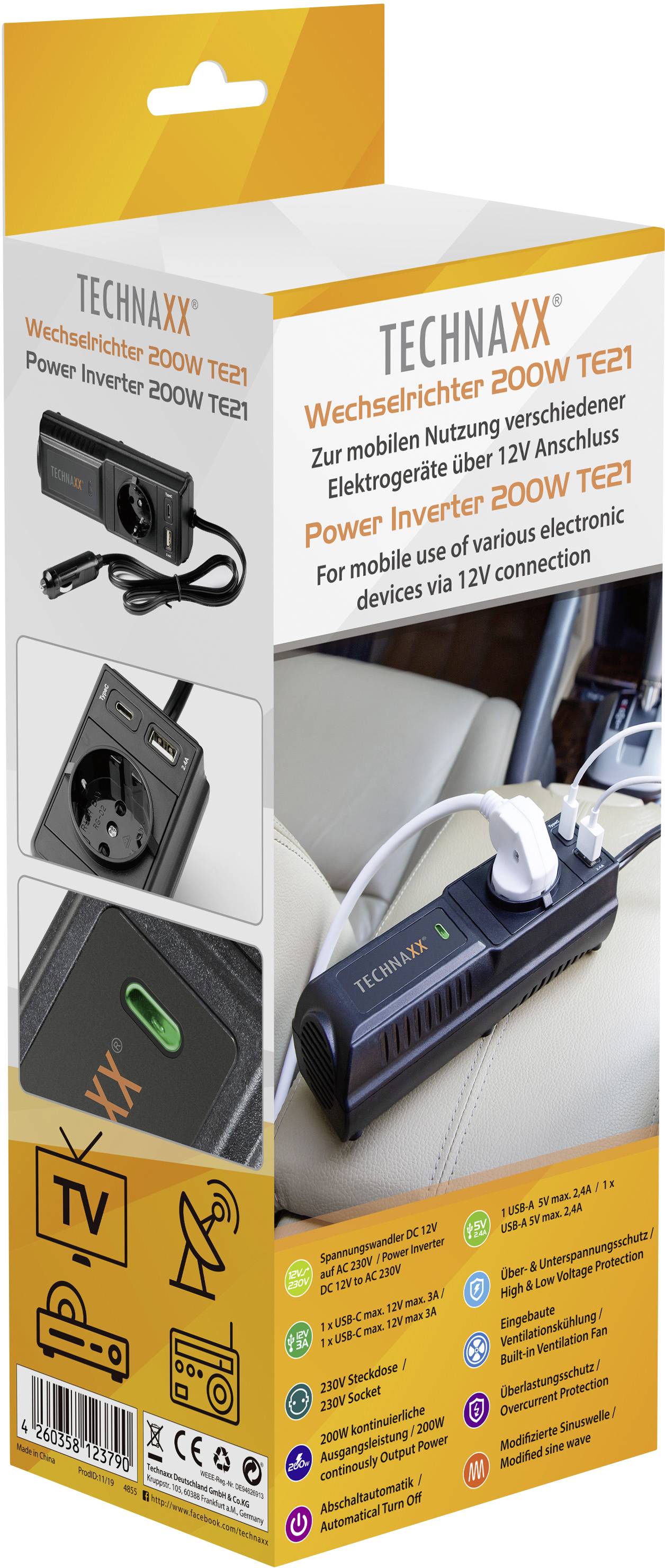 Verpackung des Technaxx Wechselrichters 200W TE21, zeigt Bild des Produkts mit Steckdose und Geräte-Icons; konvertiert 12V auf 220V.