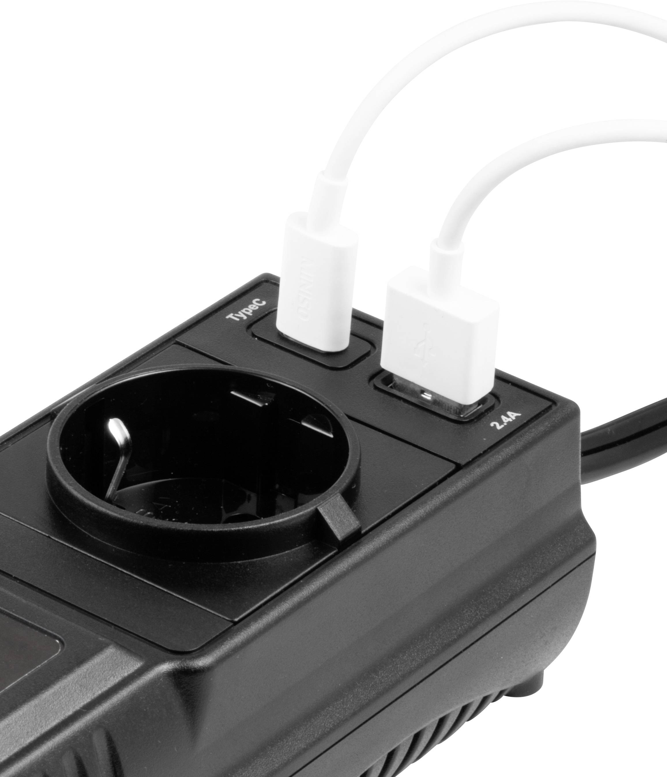 Ein schwarzes Ladegerät mit einer Steckdose und zwei angeschlossenen weißen USB-Kabeln.