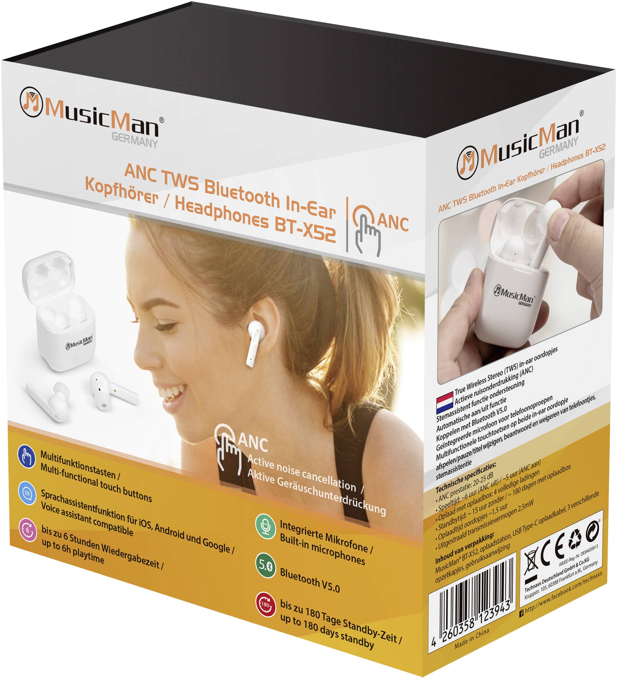 Music Man BT-X52 Sport In Ear Kopfhörer Bluetooth® Weiß