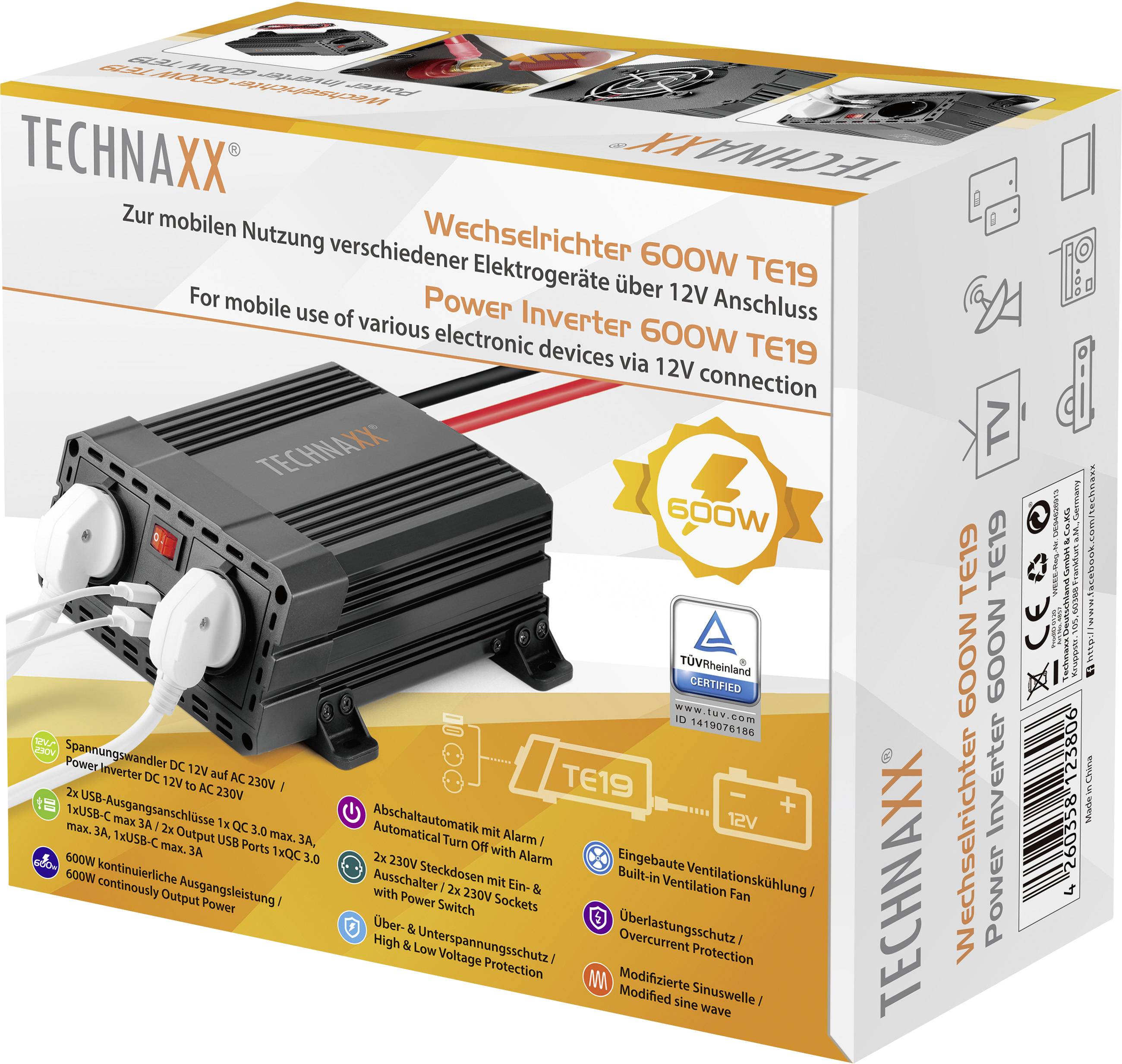 Technaxx Wechselrichter TE19 600W 12 V/DC - 230 V/AC