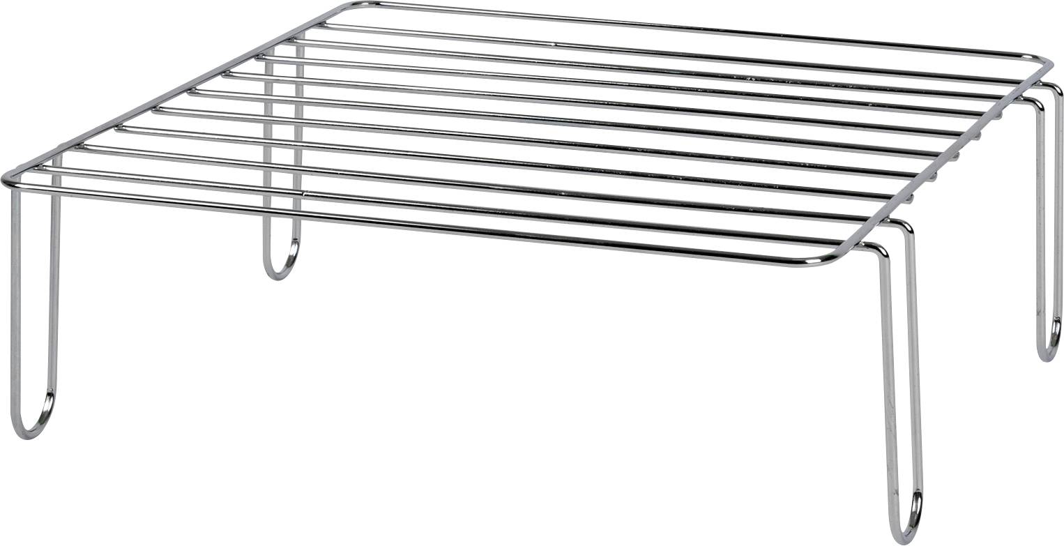 Ein silberner Metallrost mit erhöhten Beinen, vermutlich zum Abstellen heißer Töpfe oder zum Abkühlen von Backwaren.