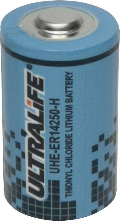 Blaue ULTRALIFE Lithiumbatterie UHE-ER14250-H, zylindrisch, mit schwarzem Rastermuster auf der rechten Seite.