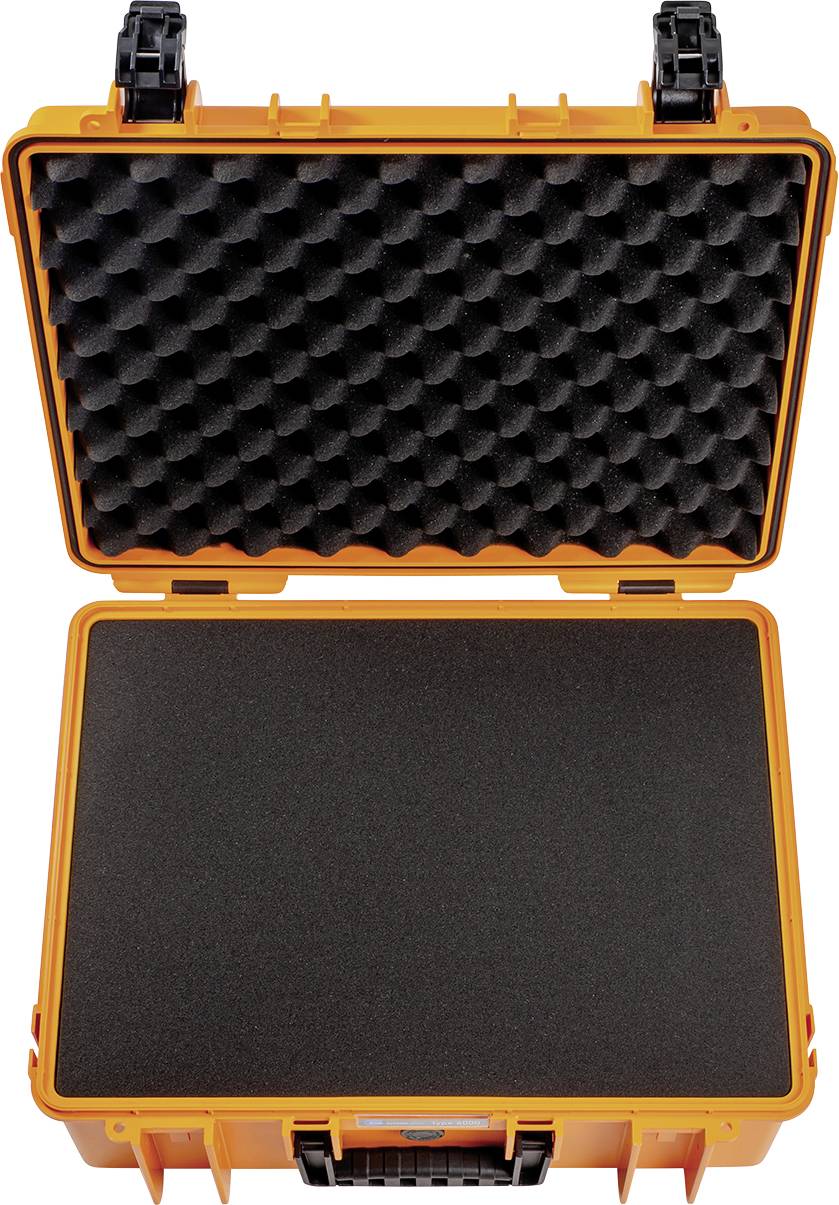 Offener orangefarbener Schutzkoffer mit schwarzem Schaumstoffpolster für sicheren Transport empfindlicher Gegenstände.