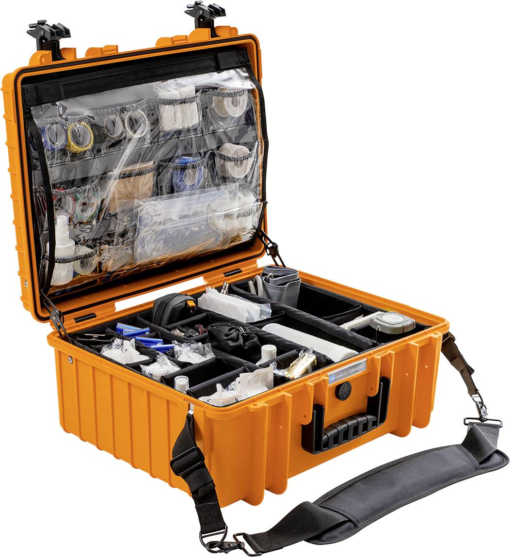 Ein offener, orangefarbener Werkzeugkoffer mit mehreren Fächern, gefüllt mit verschiedenen Werkzeugen und Zubehör, darunter Schraubenzieher und Kabel.