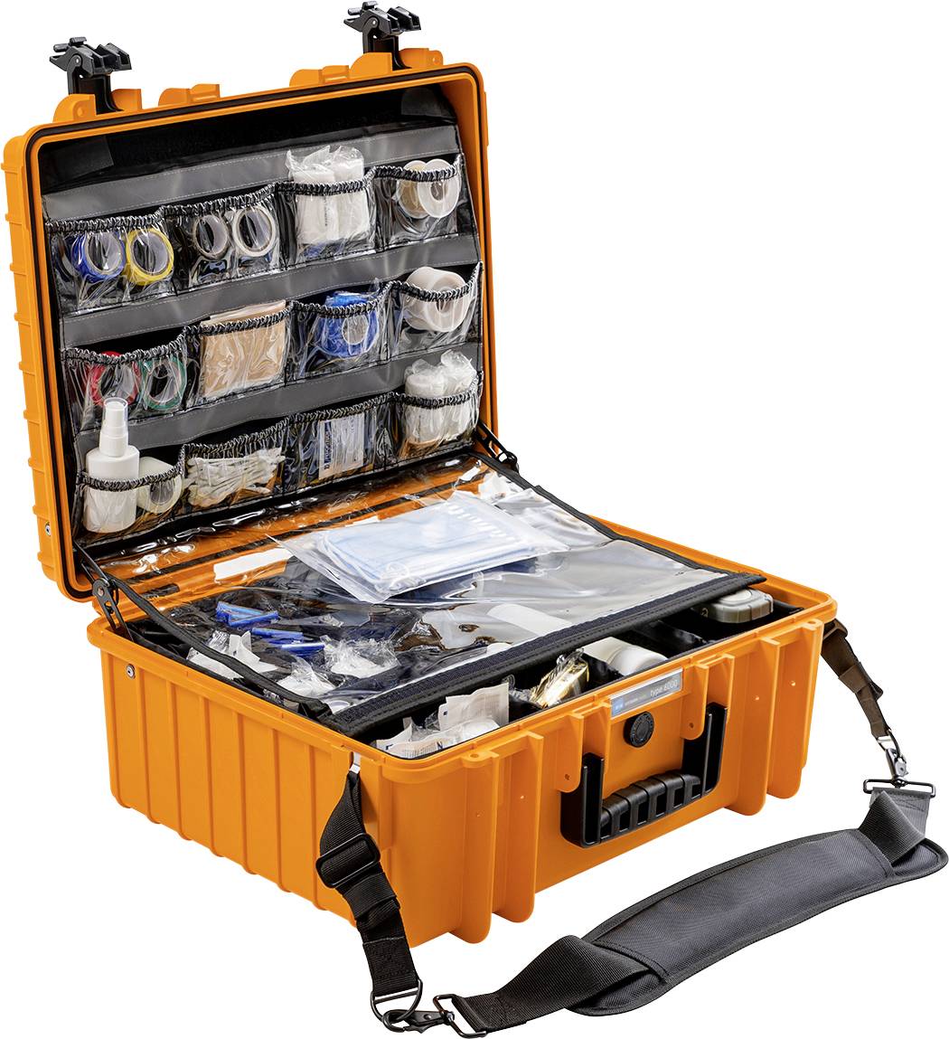 Ein offener, orangefarbener Werkzeugkoffer mit vielen Fächern und Fächern, die verschiedene Werkzeuge und Materialien enthalten.