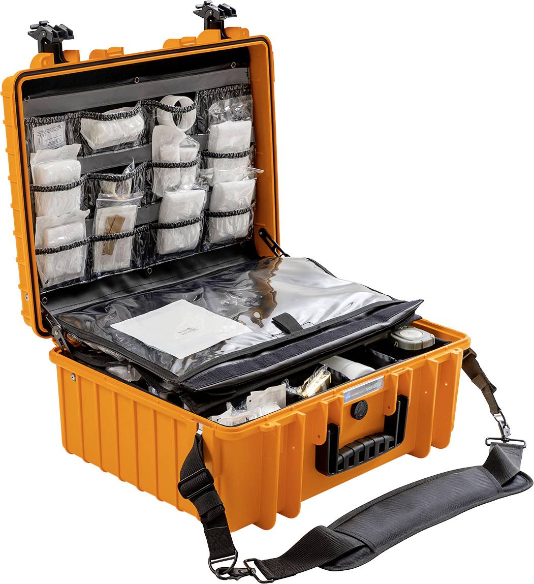 Ein offener, oranger Koffer mit diversen kleinen Fächern im Deckel, gefüllt mit medizinischen oder Notfallutensilien.