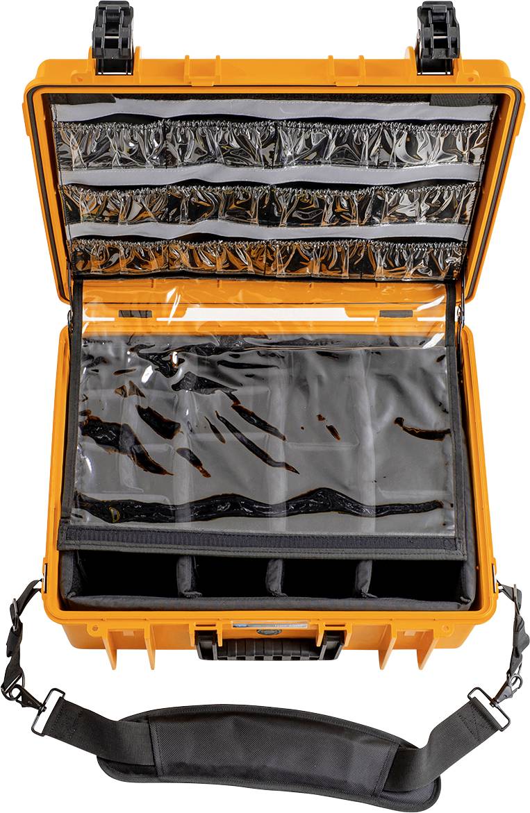Offener, orangefarbener Schutzkoffer mit gepolsterten Fächern und transparenten Taschen im Deckel. Eignet sich zur Aufbewahrung von empfindlicher Ausrüstung.