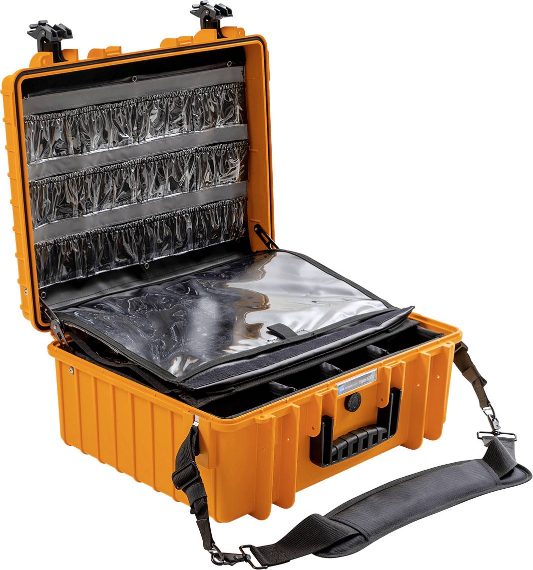 Ein offener, orangefarbener Hartschalenkoffer mit mehreren transparenten Fächern im Deckel und einem Tragegurt. Ideal zur sicheren Aufbewahrung von Geräten oder Dokumenten.