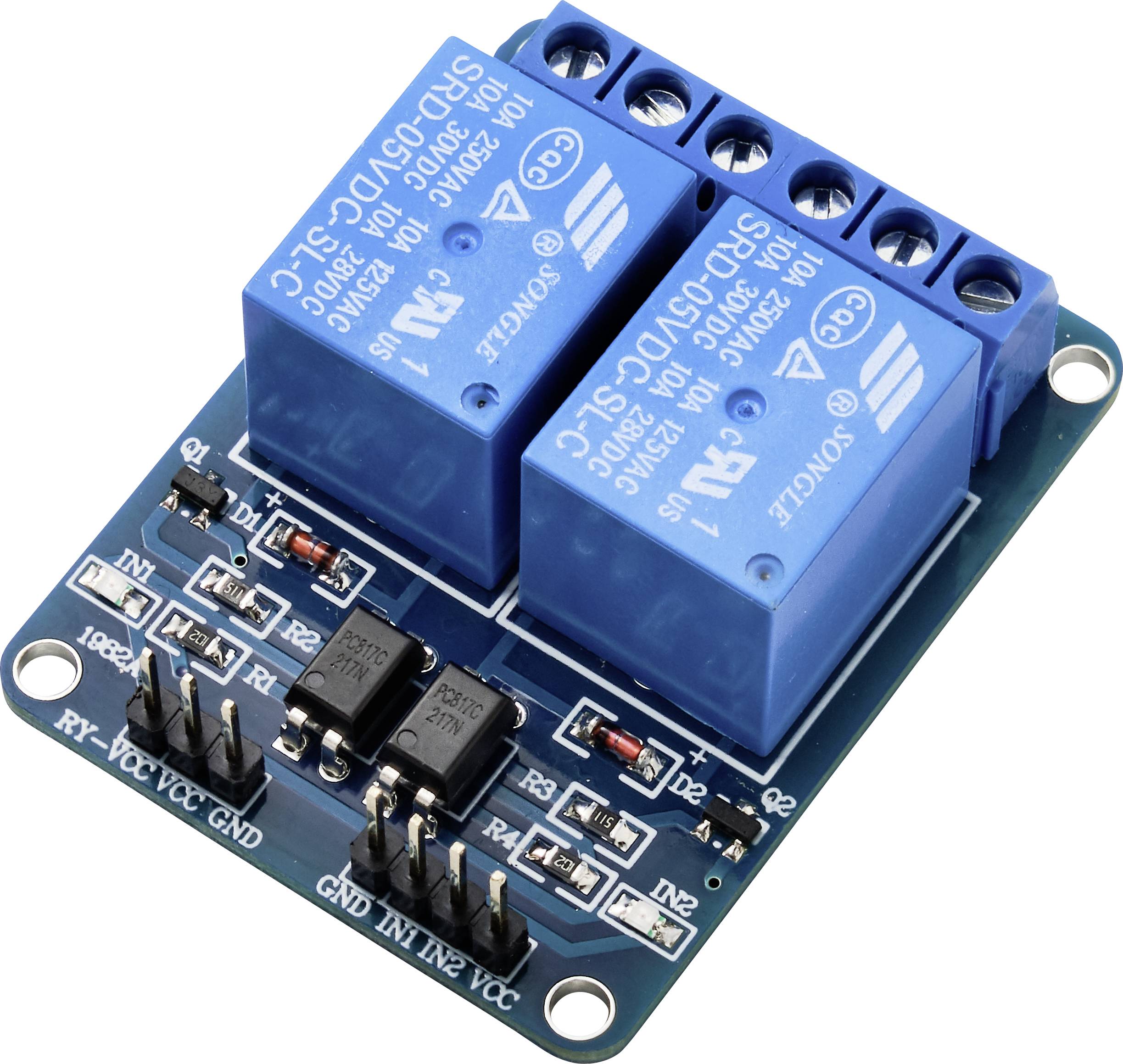 Ein Relay-Modul mit blauem Gehäuse, das elektrische Signale steuert. Hat Anschlüsse für GND, VCC, IN1 und IN2.