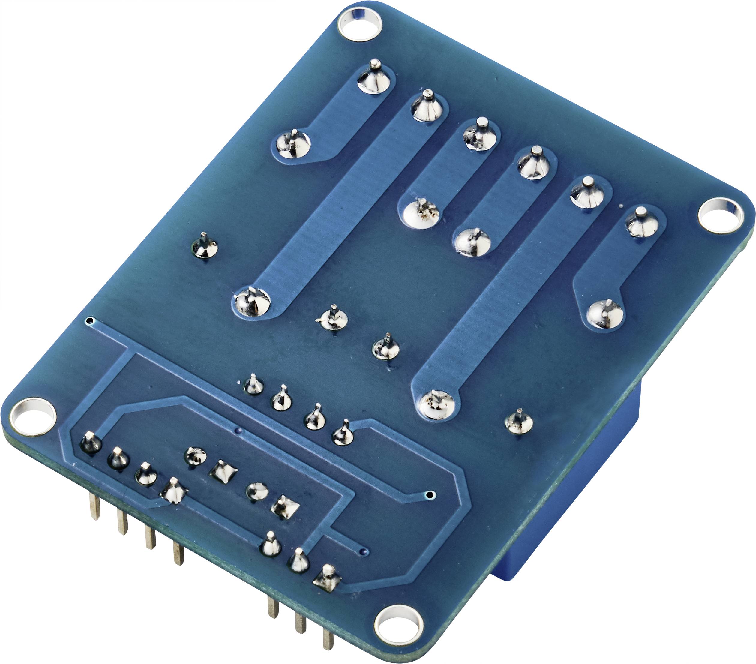 Eine blaue Leiterplatte mit mehreren eingelöteten Komponenten und Kontaktstellen, wahrscheinlich Teil eines elektronischen Geräts.