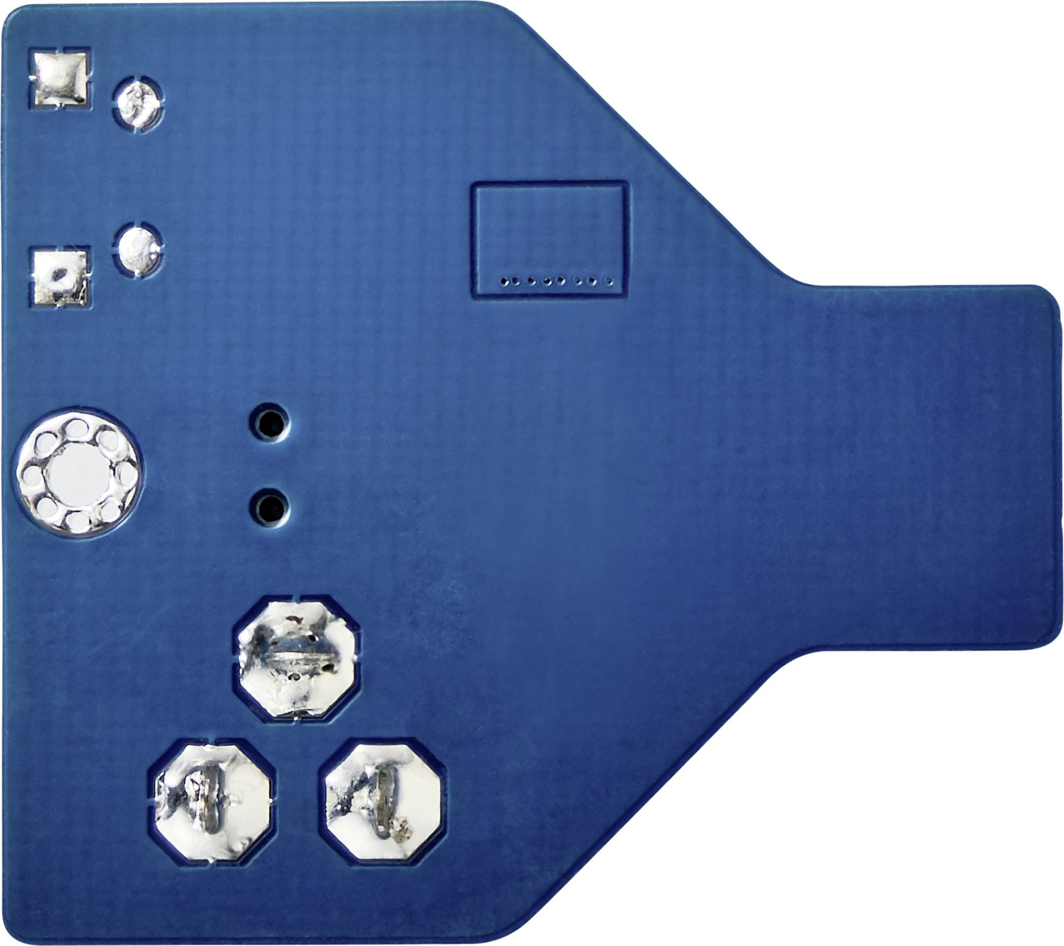 Eine blaue elektronische Platine mit verschiedenen runden und sechseckigen Kontaktpunkten und Anschlüssen auf der Oberfläche.