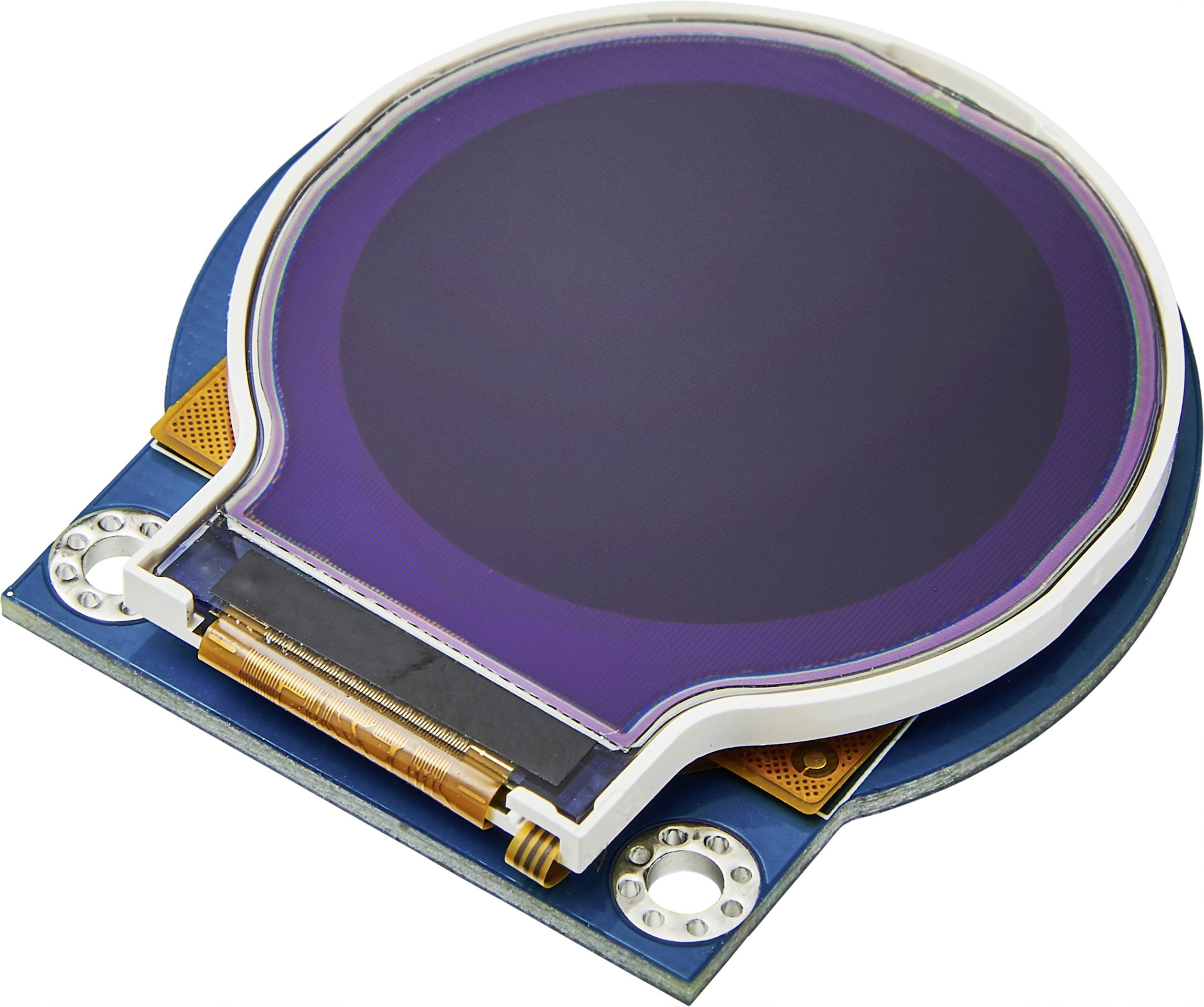 Ein rundes elektronisches Bauteil auf einer Platine, vermutlich ein Display oder Sensor, liegt in der Bildmitte.