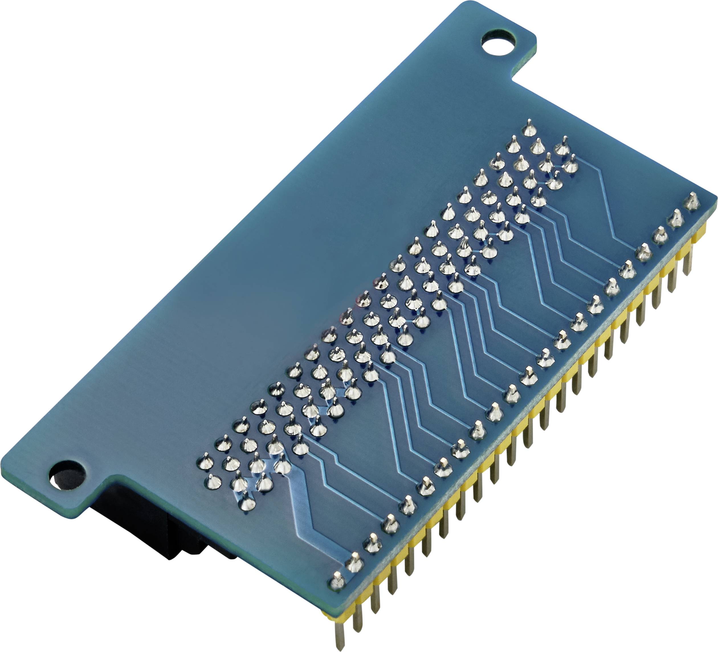 Ein grünes elektronisches Bauteil mit mehreren Reihen von silbernen Pins auf einer blauen Platine.