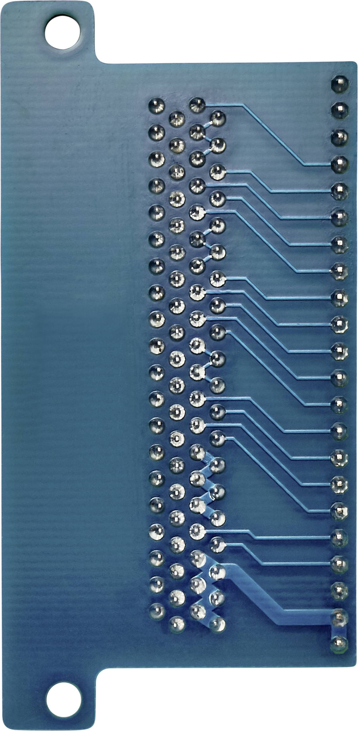 Eine blaue Leiterplatte mit zahlreichen silbernen Lötpunkten und Verbindungslinien, die elektronische Schaltungen darstellen.