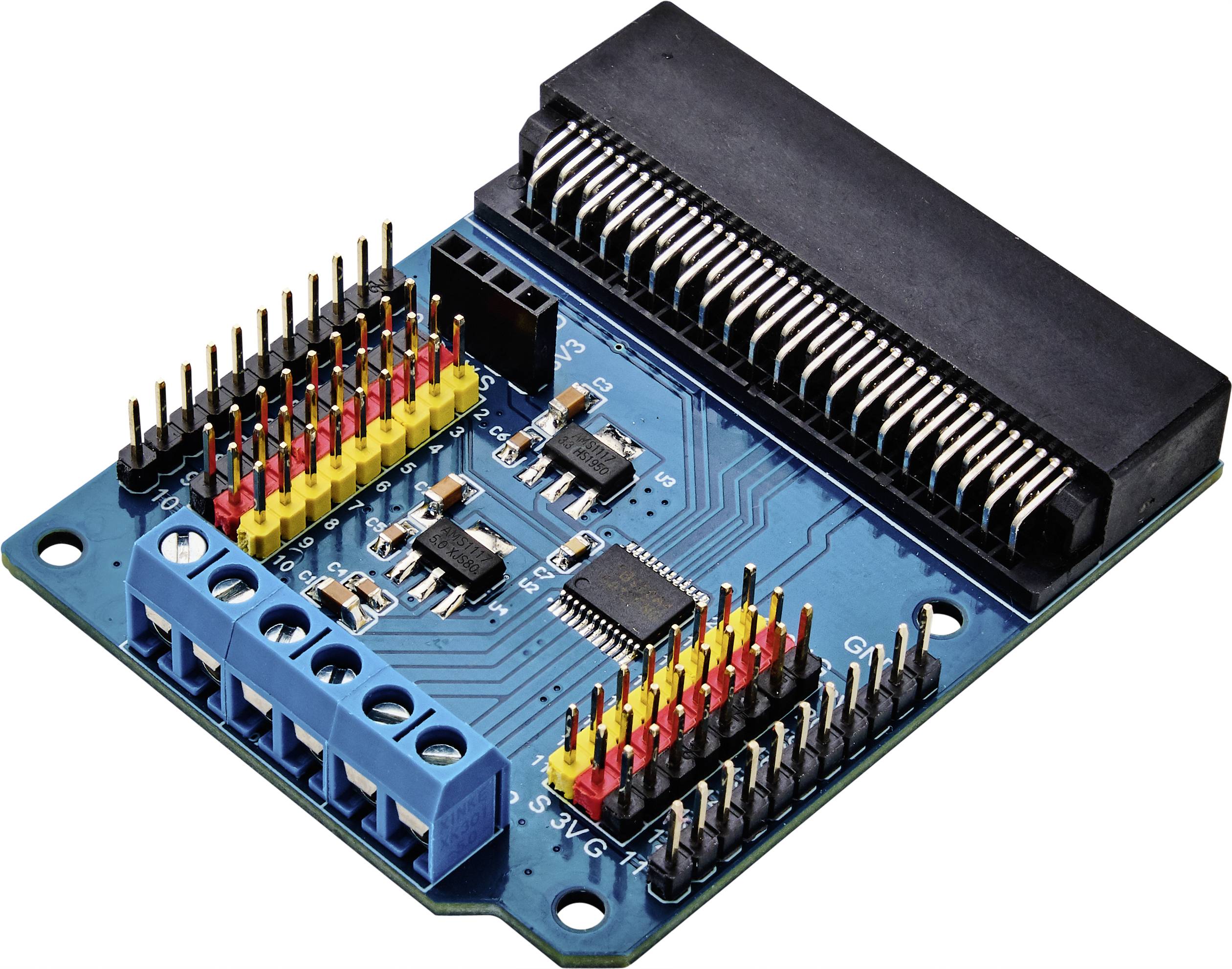 Eine blaue elektronische Schaltung mit mehreren Anschlüssen und Pins, die für die Verbindung und Steuerung in technischen Projekten verwendet wird.