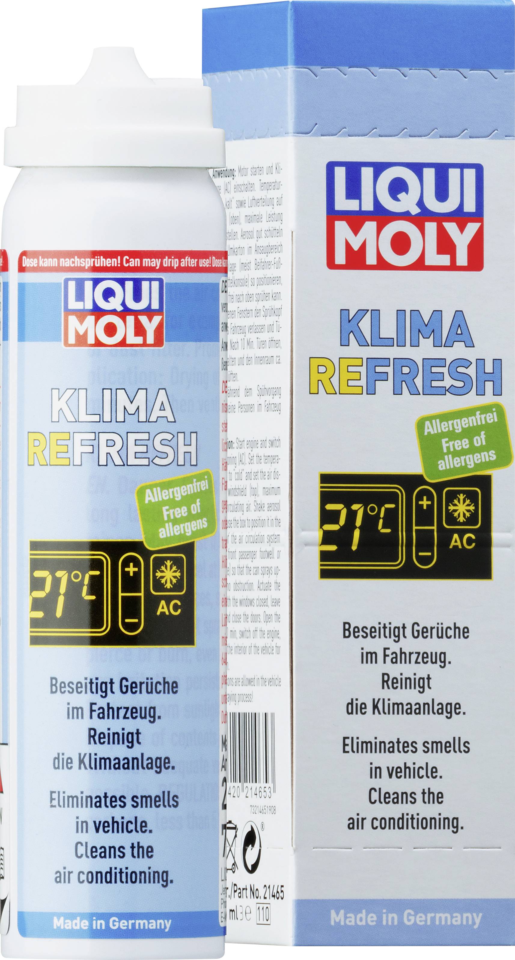 Spraydose und Verpackung von 'LIQUI MOLY Klima Refresh'. Entfernt Gerüche und reinigt die Klimaanlage im Auto. Allergiefrei. Made in Germany.