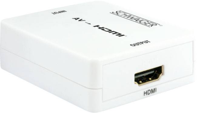 Ein weißer AV-zu-HDMI-Adapter der Marke Schwaiger, zeigt den HDMI-Ausgang auf der rechten Seite des Geräts.
