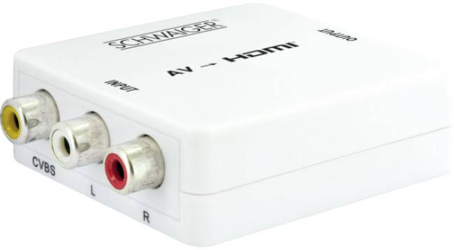 Weißer AV-zu-HDMI-Konverter mit Anschlüssen für CVBS, L und R.