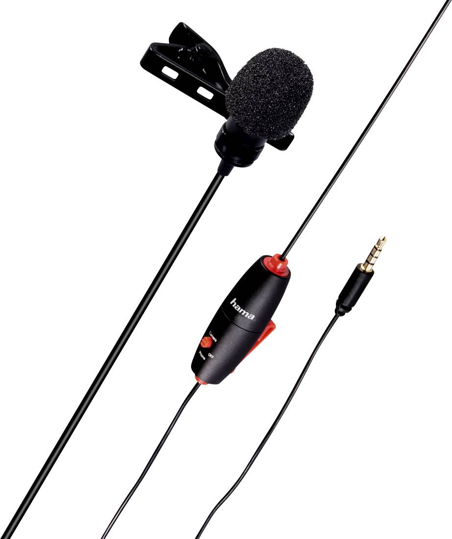 Ein kleines Ansteckmikrofon mit Schaumstoffabdeckung und Kabel. Es hat eine Klemme zur Befestigung an Kleidung und einen 3,5 mm Klinkenstecker.