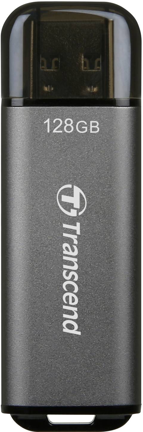 Ein silberner USB-Stick der Marke Transcend mit 128 GB Speicherkapazität, sichtbar auf der Vorderseite.