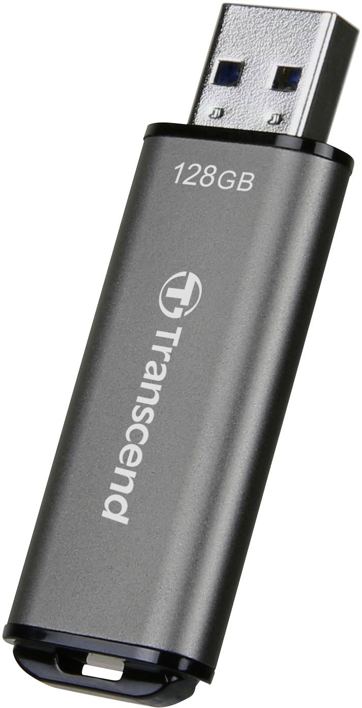 Ein silberner USB-Stick mit der Aufschrift 'Transcend' und einer Speicherkapazität von 128GB.
