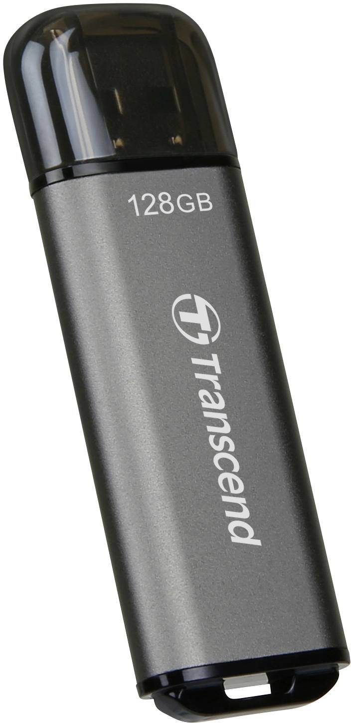 USB-Stick mit der Aufschrift '128GB Transcend', schwarzer Deckel, silbernes Gehäuse.